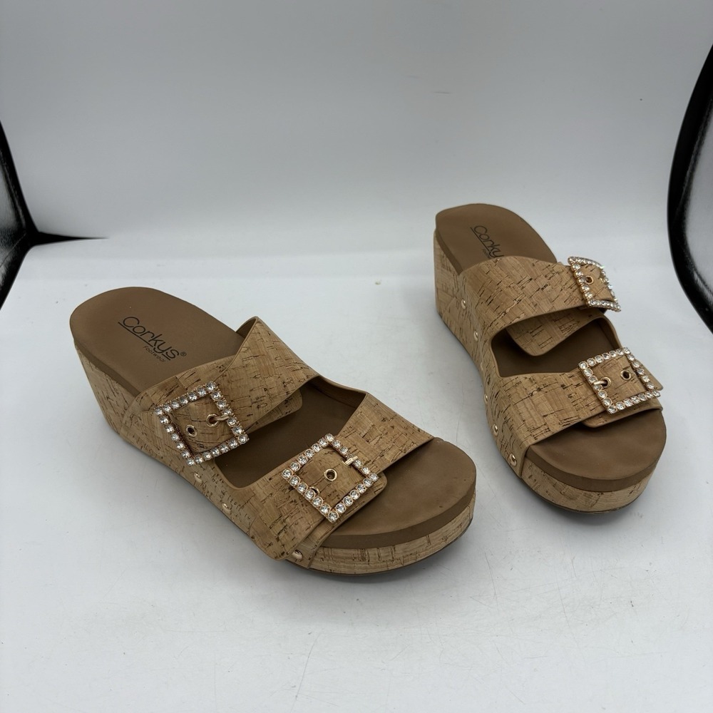 Corky's Shoes‎ Sandals Womens Size 9 Main Squeeze Rhinestone Buckles Cork Plat
